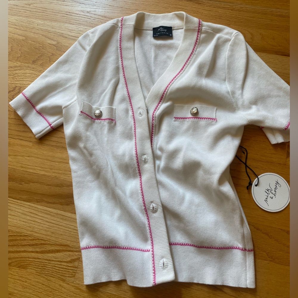 NWT. White Cardigan with Pink Trim